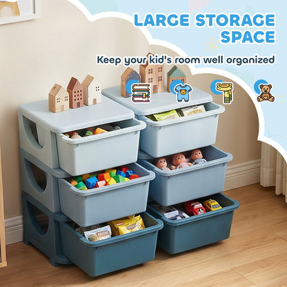 3 Tier Kids Toy Organizer and Storage Bins with 6 Plastic Drawers, Blue