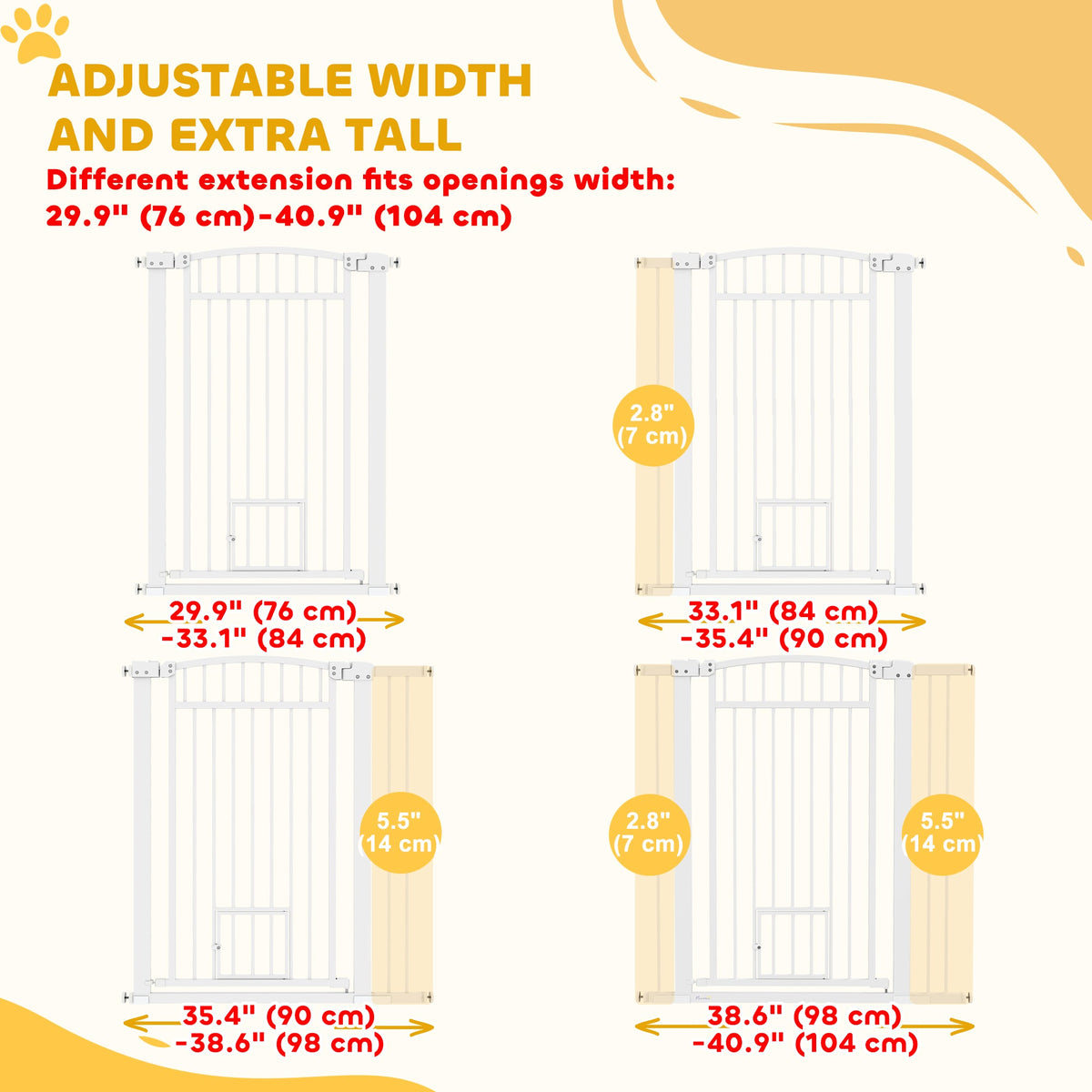 30"-41" Extra Wide Pet Gate with Small Door, 30" H Dog Gate with 3-Inch and 5.5-Inch Extension Kit