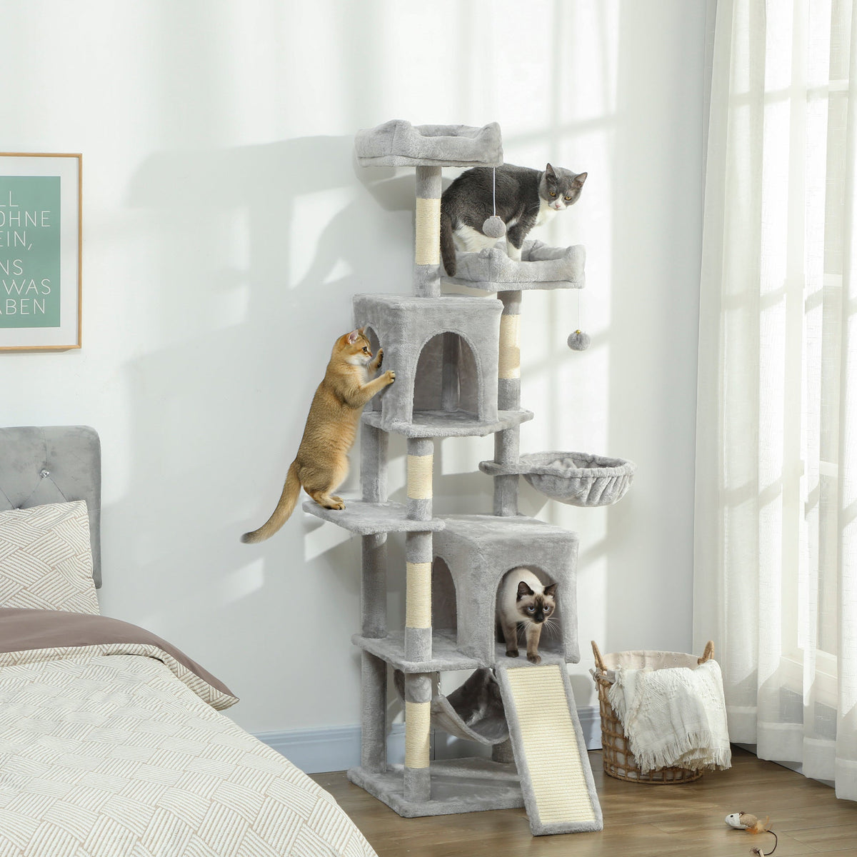 Cat Tree, 70" Multi-Level Cat Tower with 2 Condos, 2 Perches, Hammock, Toy Balls, Scratching Posts and Board, Dark Grey