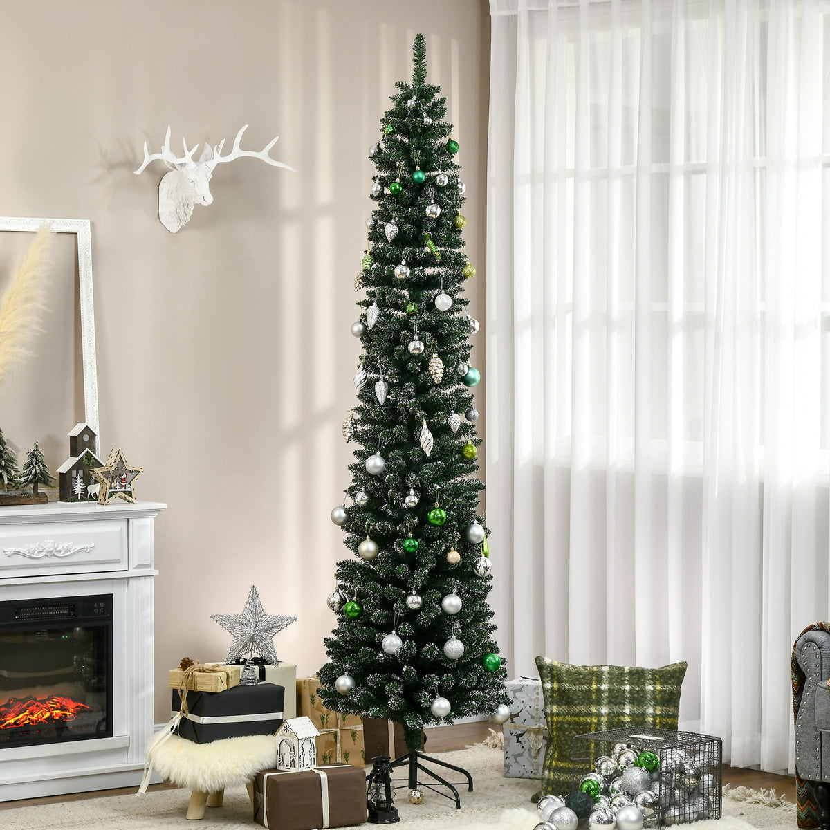 6FT Artificial Snow Dipped Christmas Tree Xmas Pencil Tree Holiday Home Indoor Decoration with Foldable Black Stand, Green