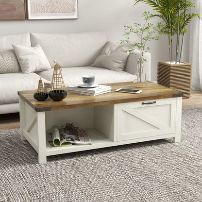 Lowen Farmhouse Coffee Table with Drawer and Open Storage Shelf-Brown