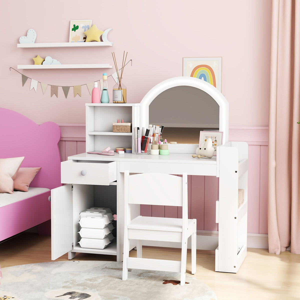 Kids Vanity Set, Toddler Dressing Table and Chair Set with Lighted Mirror, Cabinet, Drawer and Shelves, Pink