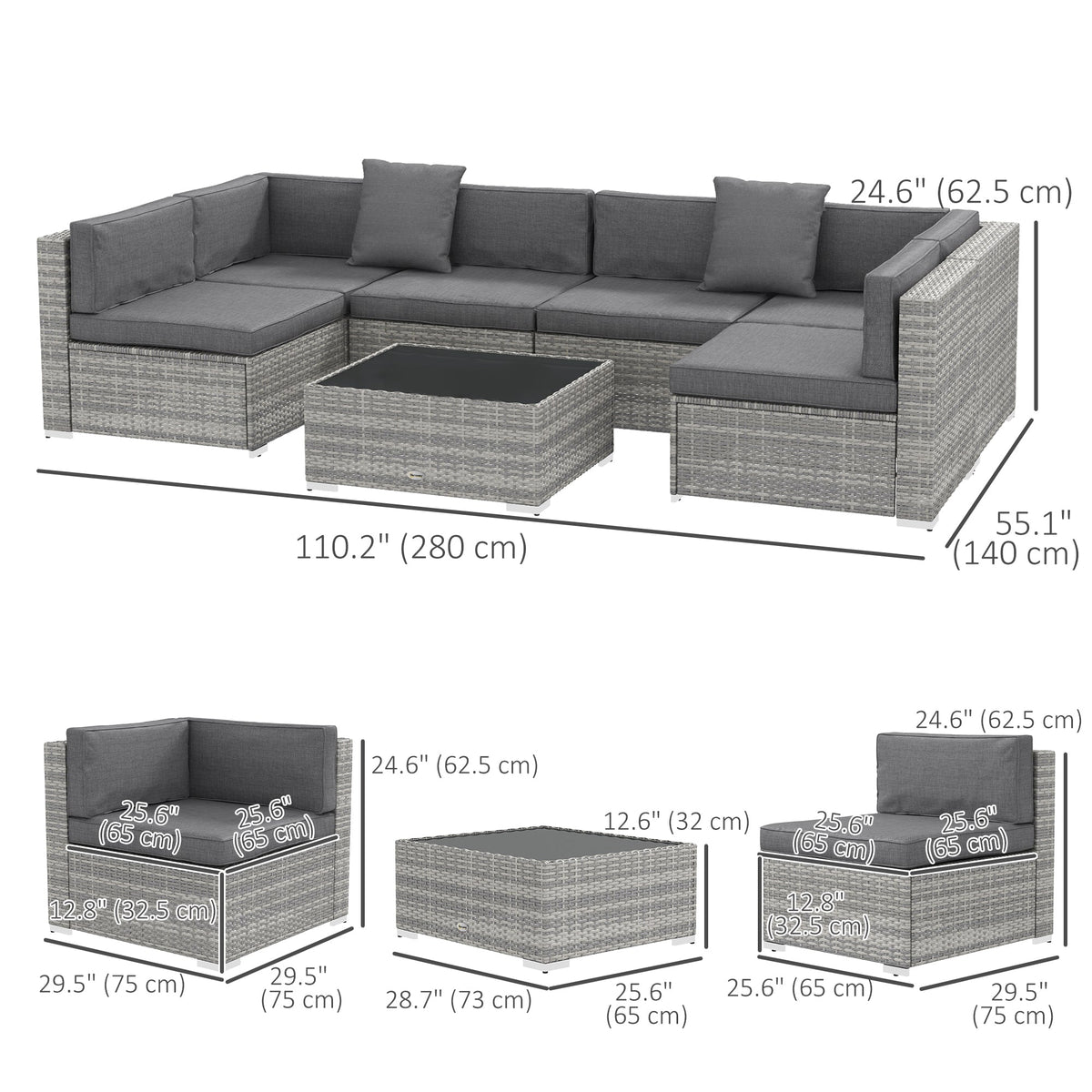 7 Pieces Patio Furniture Set, Rattan Conversation Set Garden Wicker Sofa Set with Washable Cushions and Coffee Table, Grey