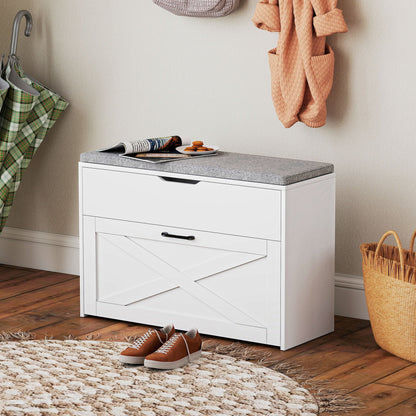 Shoe Storage Bench with Flip Drawer and Lift Top Storage, Entryway Bench with Seat Cushion for Hallway, Black