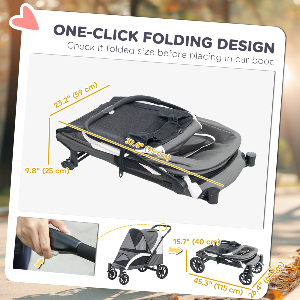 Foldable Pet Stroller for Medium Dogs with Four Big Wheels, Shock-Absorbing Frame, Safety Leashes, Brakes, Black
