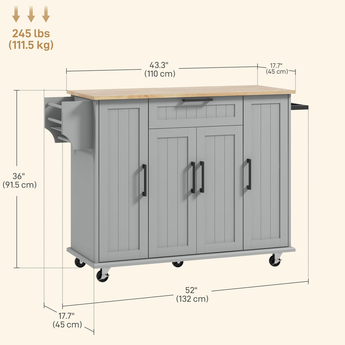 Modern Rolling Kitchen Island Cart with Drawers, Natural Wood Top, Towel Rack, Door Storage Cabinet, Black