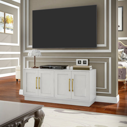 Modern TV Stand for up to 55" TV, TV Cabinet with 4 Soft Hinged Doors, 4 Cable Holes and 2 Adjustable Shelves, White