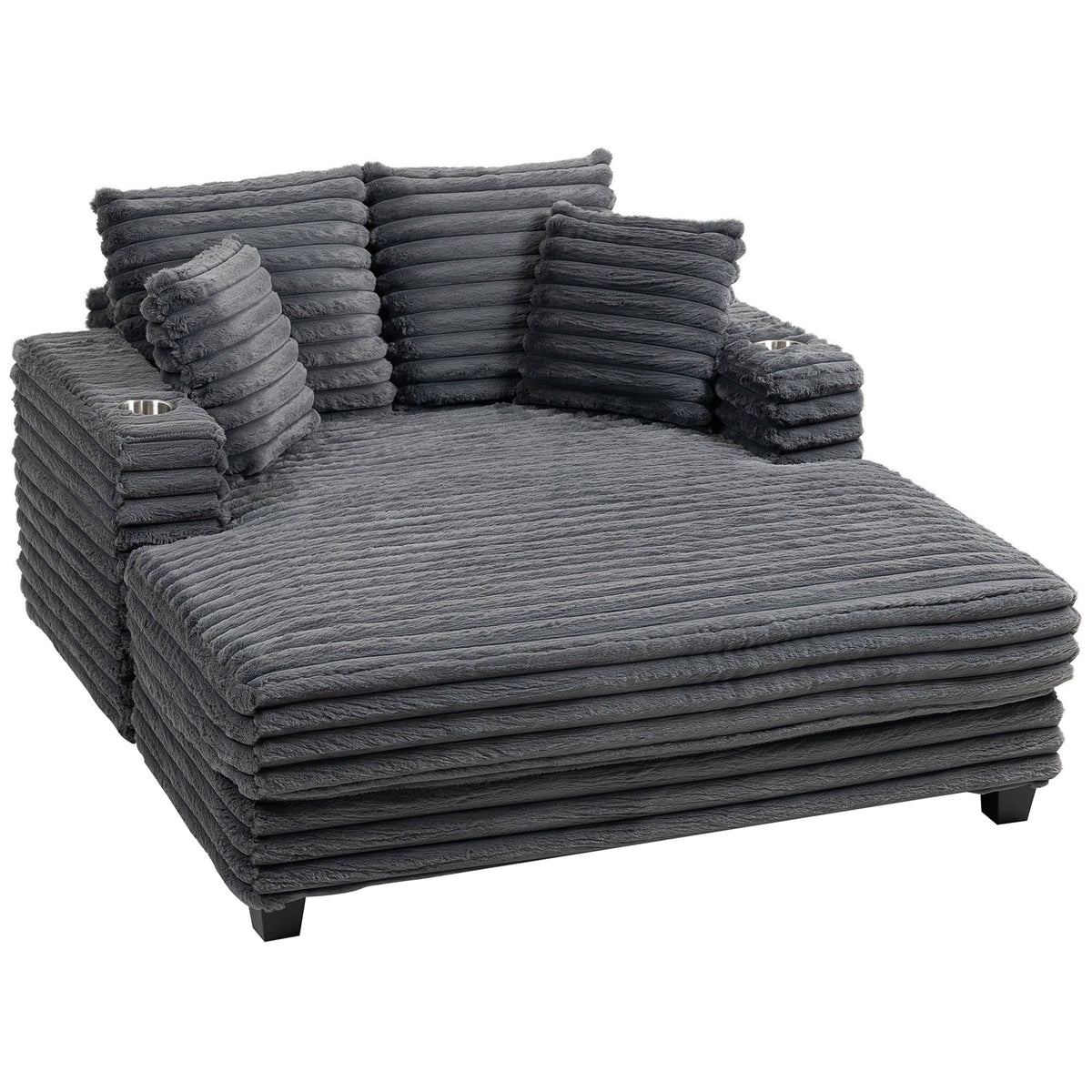 60" Chaise Lounge Chair, Oversized Upholstered Sofa Bed with Cup Holders & Pillows, Sleeper Couch for Living Room, Beige