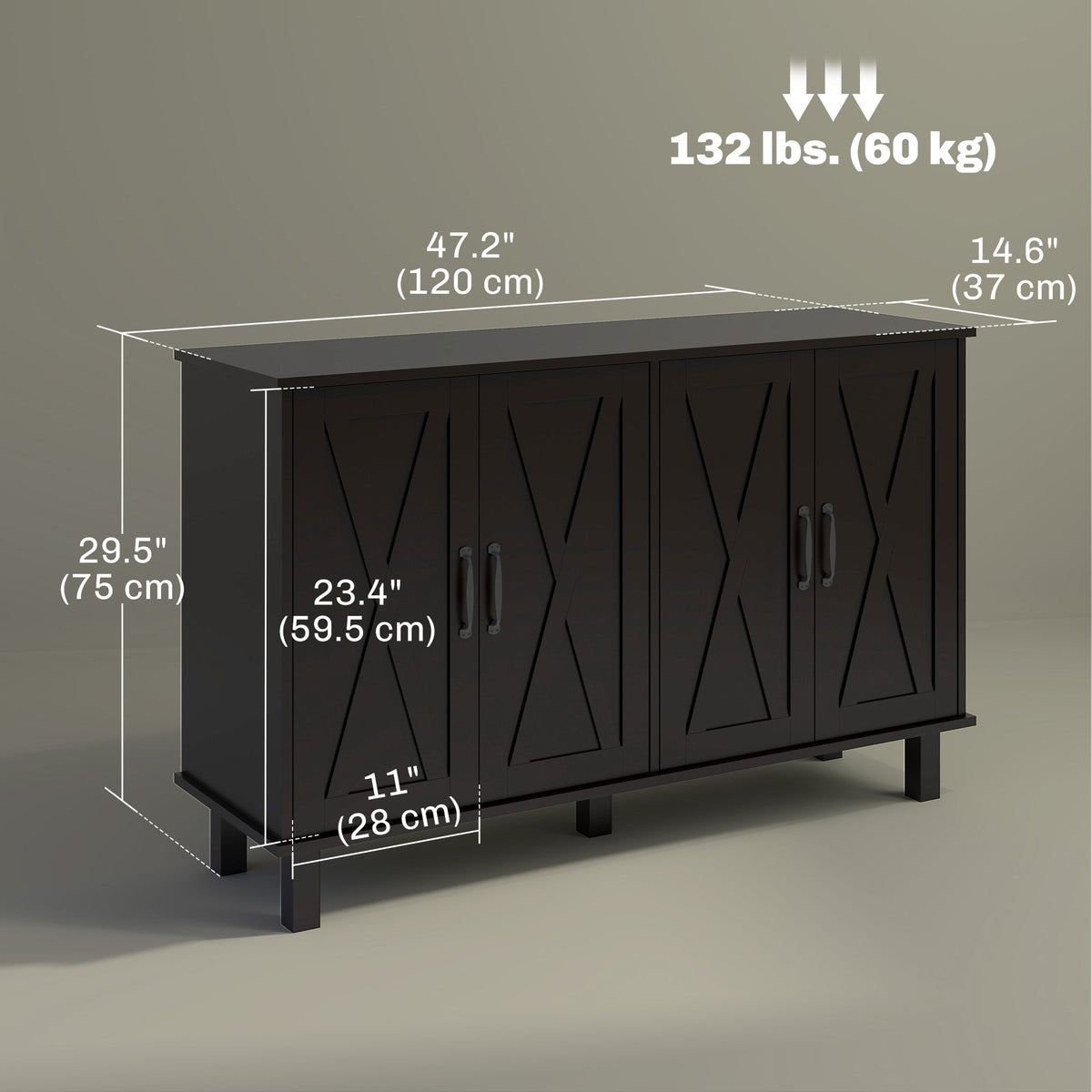 Kitchen Sideboard Cabinet with 4 Barn Doors and 2 Adjustable Shelves, Buffet Table for Living Room, Hallway, Black