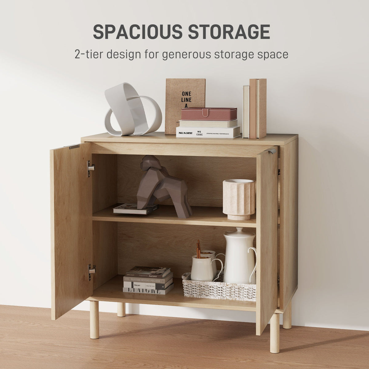 Accent Cabinet with Doors & Adjustable Shelf, Freestanding Console Cabinet with Wood Legs, Elevated Base for Living Room, Oak