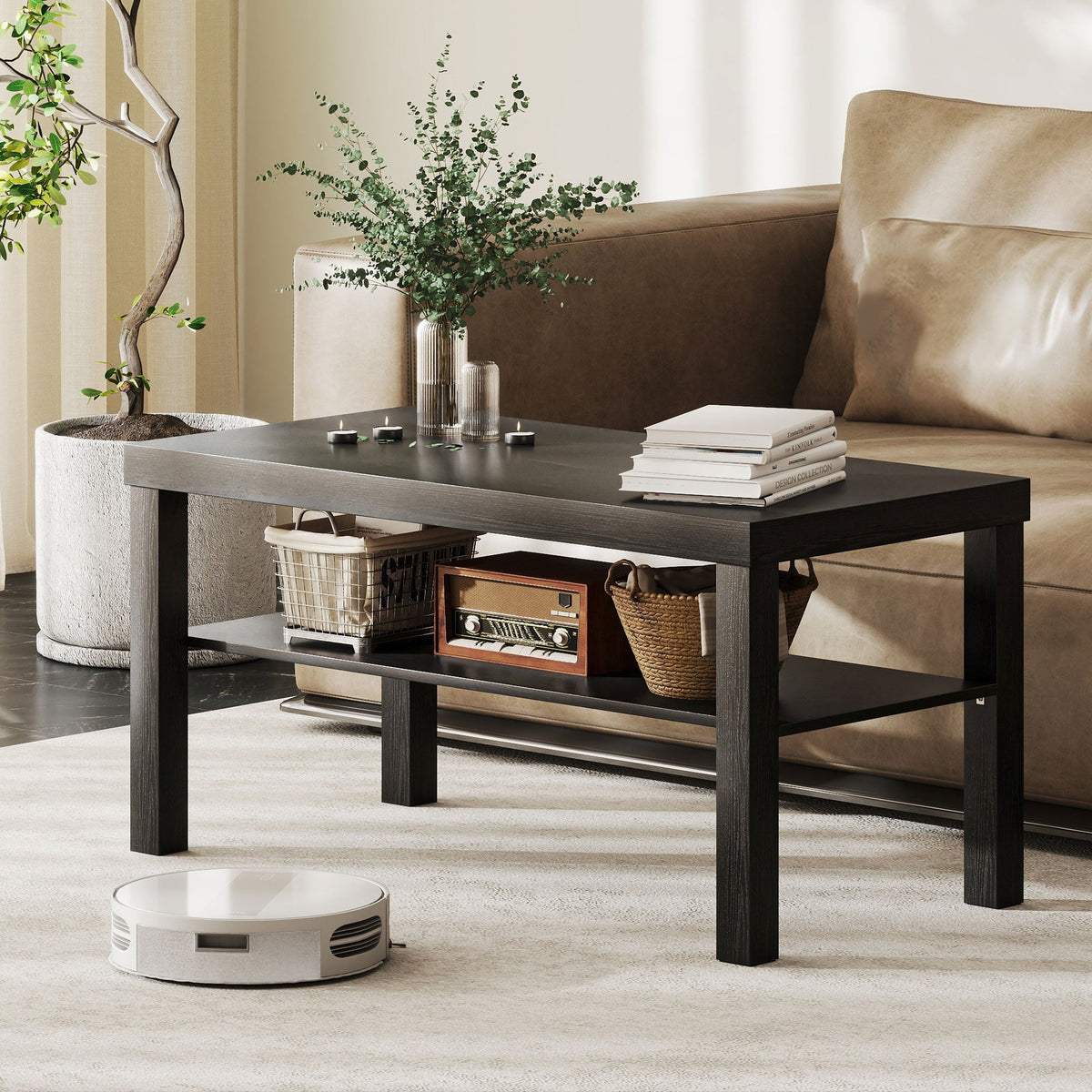 2 Tier Coffee Table with Storage Shelf, Rectangular Center Table for Living Room, Home Office Furniture Walnut