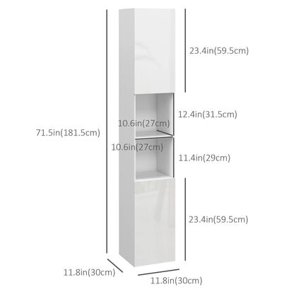 Tall Bathroom Cabinet, High Gloss Storage Cabinet with Doors and Adjustable Shelves, 11.8" x 11.8" x 71.5", Black