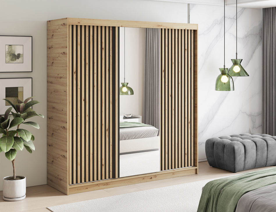 Emerio Mirrored 3 Sliding Door Freestanding Wardrobe - Maple Oak