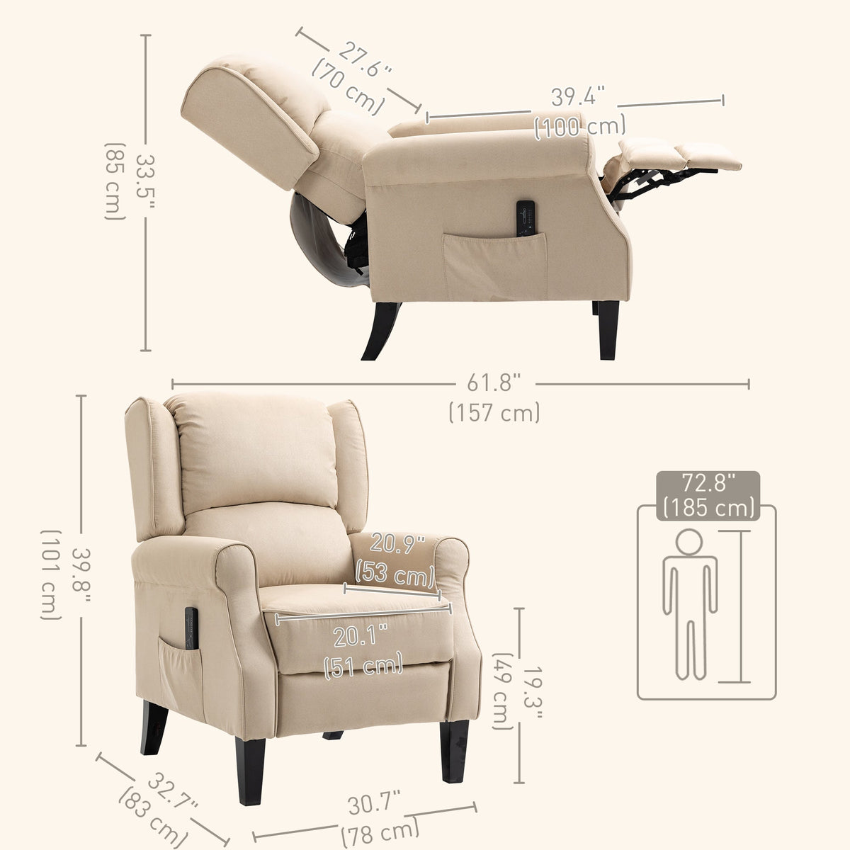Push Back Recliner Chair, Vibration Massage Recliner for Living Room with Extendable Footrest, Remote, Pocket, Blue