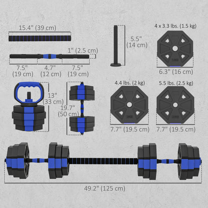 6-in-1 Adjustable Dumbbell Set, Used as Kettlebell, Barbell, Dumbbell, Push-Up Stand, 44lbs Free Weights Set, Blue