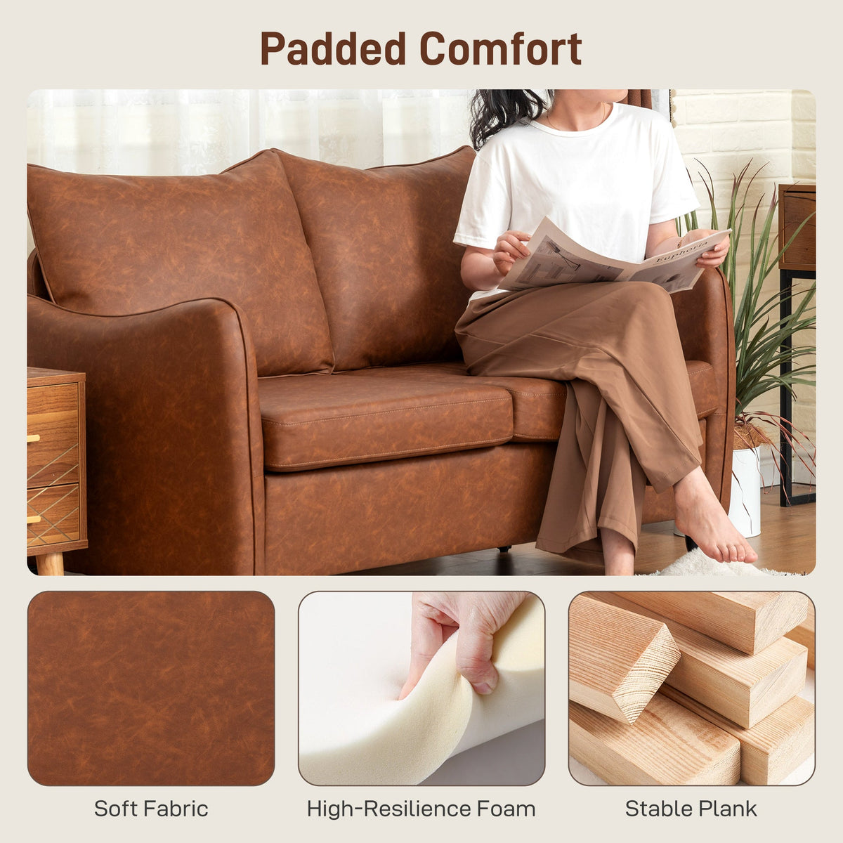 55" Loveseat Sofa, Small 2 Seater Couch with Solid Wood Legs, Modern PU Leather Upholstered Sofa for Small Spaces, Brown