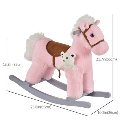 Kids Rocking Horse Plush Animal on Wooden Rockers with Sounds, Wooden Base and Bear Toy, Baby Rocking Chair, Brown
