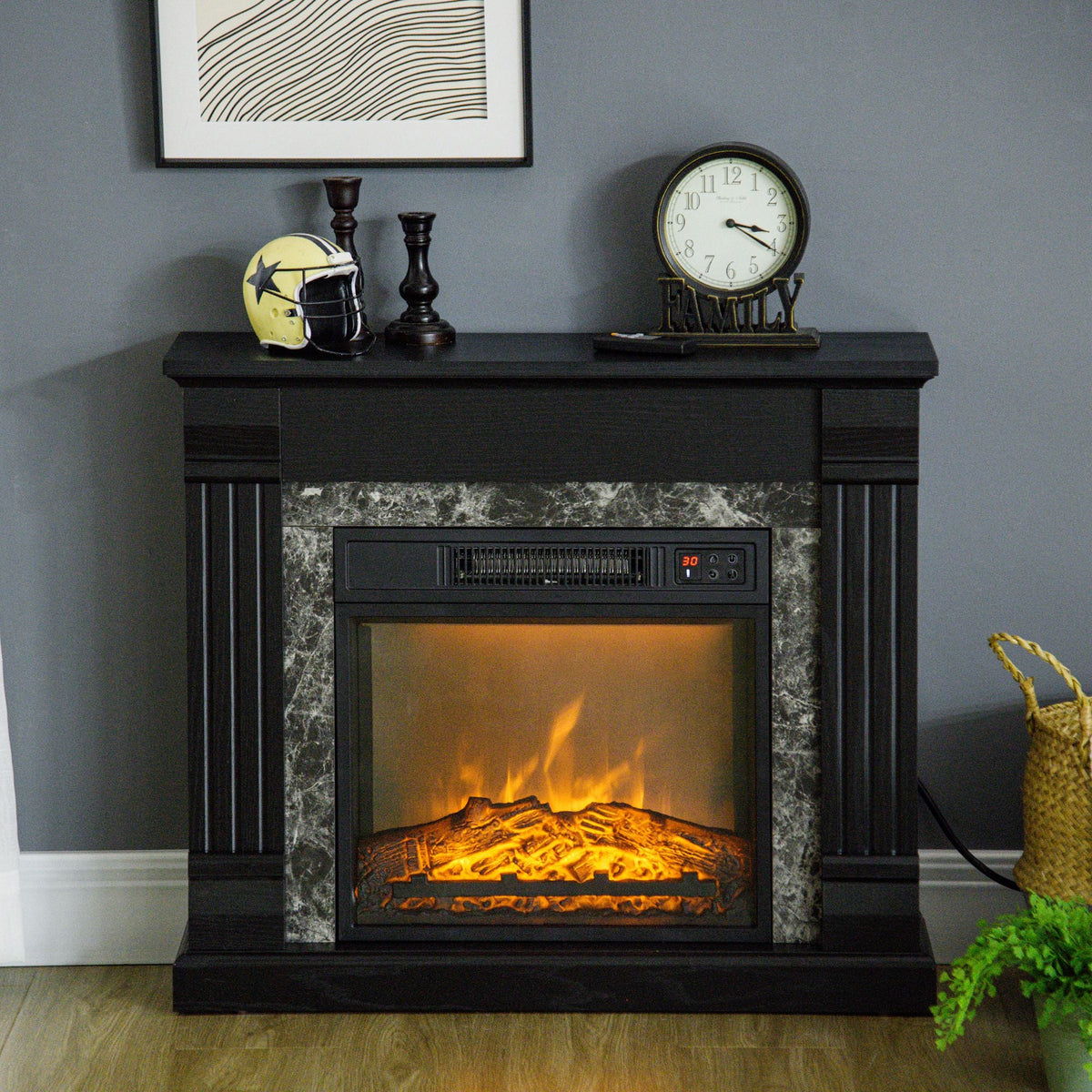 Easton Electric Mantel Wood Surround Freestanding Fireplace Heater with Overheating Protection-Black