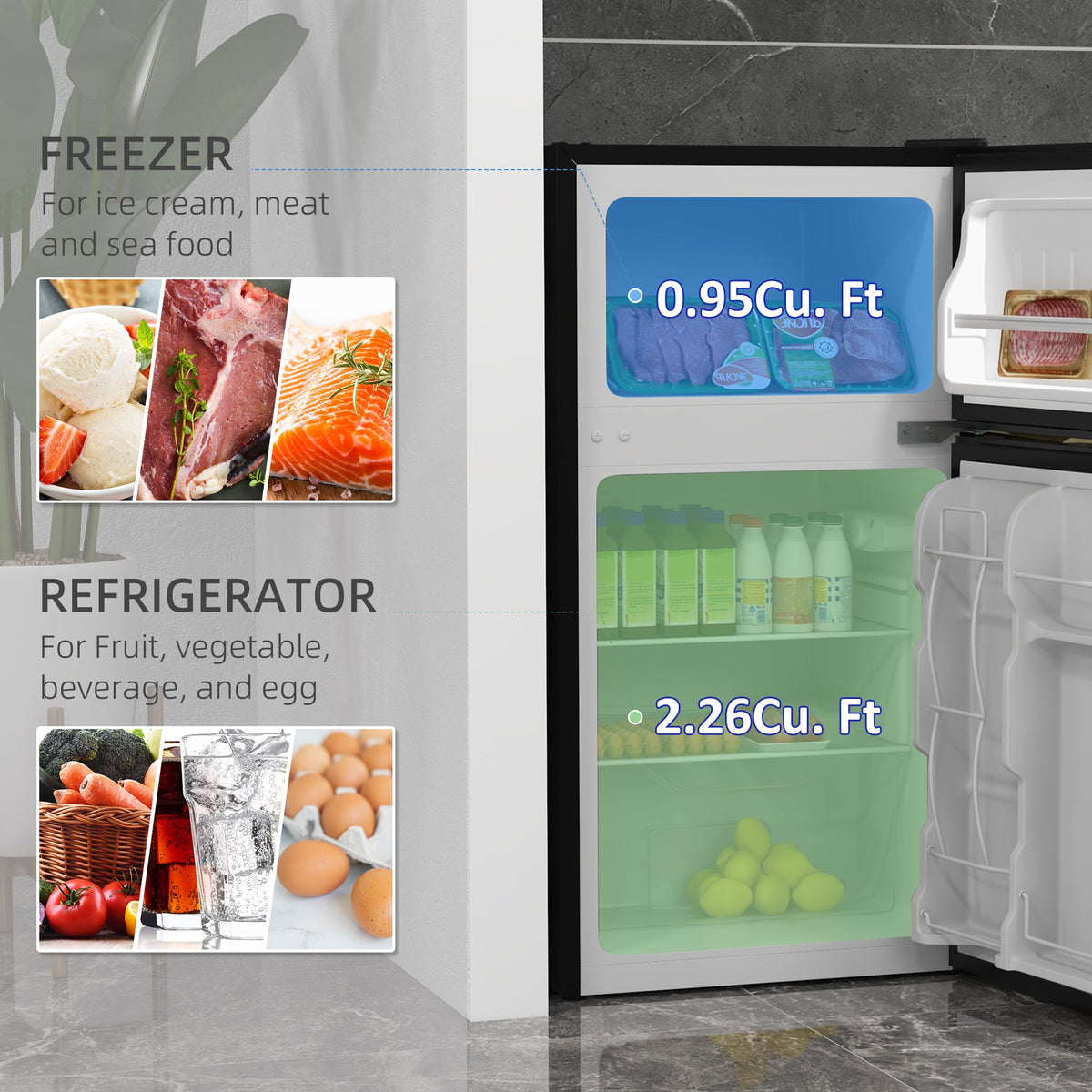3.2 Cu Ft Compact Refrigerator, Mini Fridge with Freezer, Adjustable Shelves and Reversible Doors for Bedroom, Black