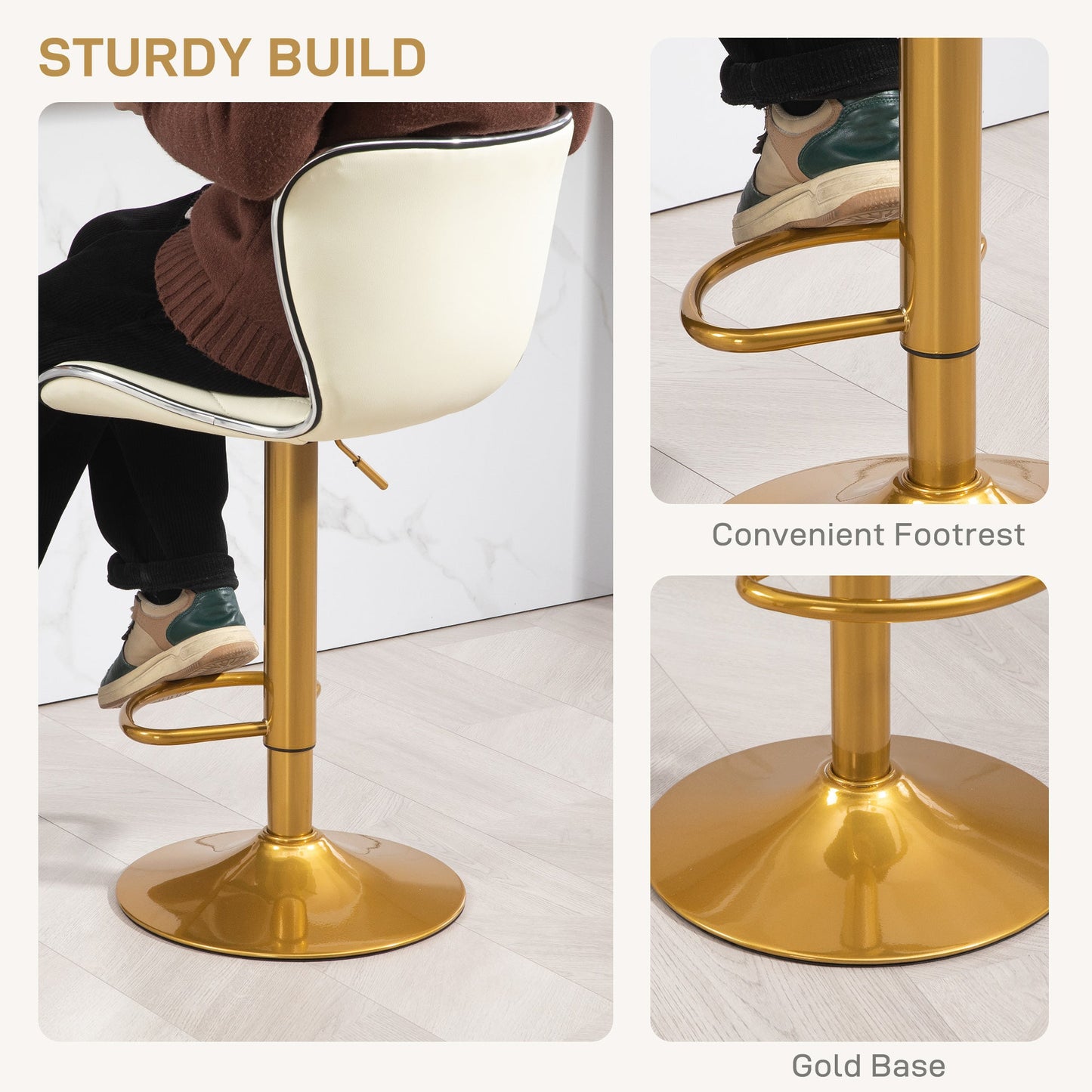 Maxi Counter Height Bar Stools Set of 2-Adjustable Height and Swivel Seat-White/Gold