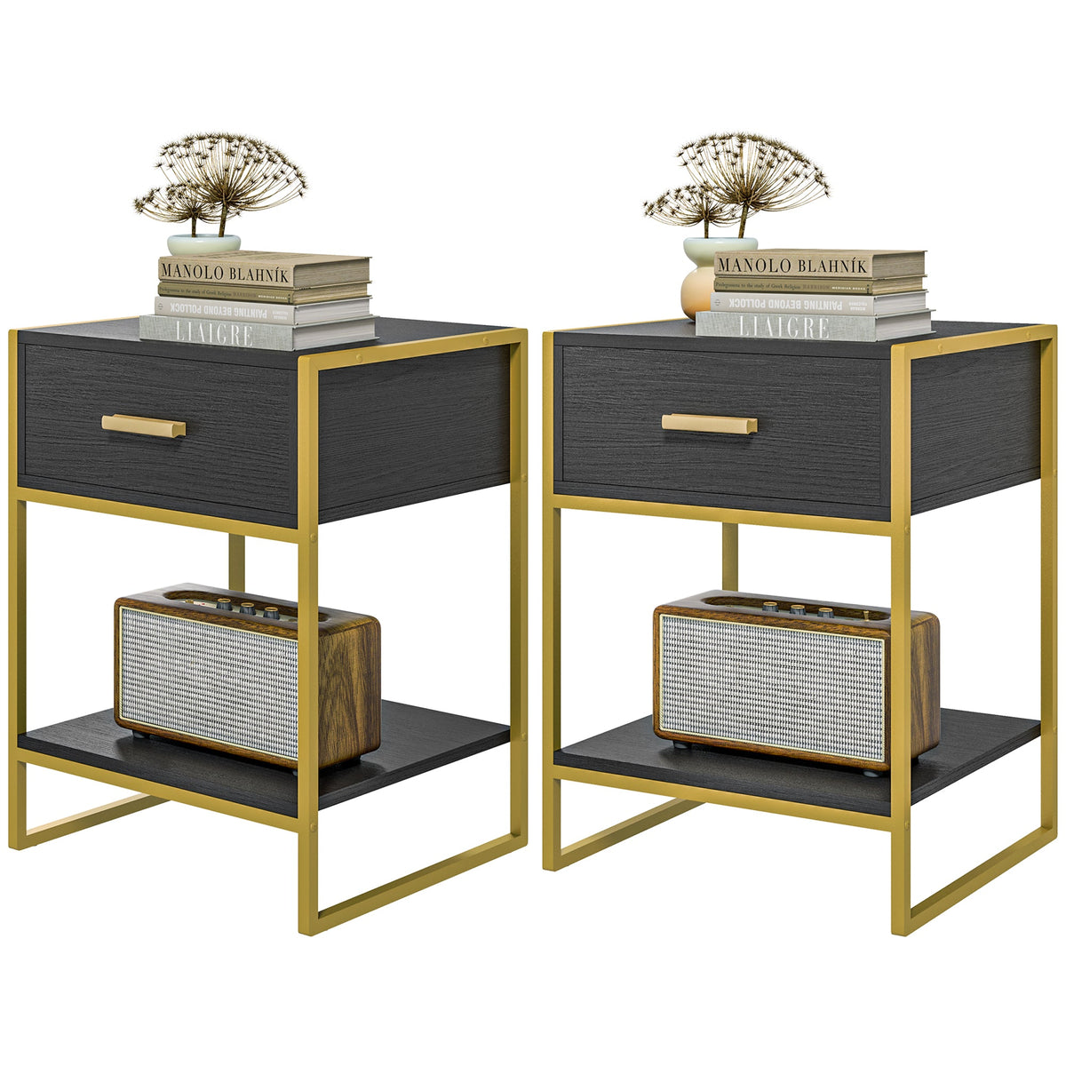 Nightstand Set of 2, Modern Bedside Table with Drawer and Shelf, Bedside Cabinets for Bedroom, White