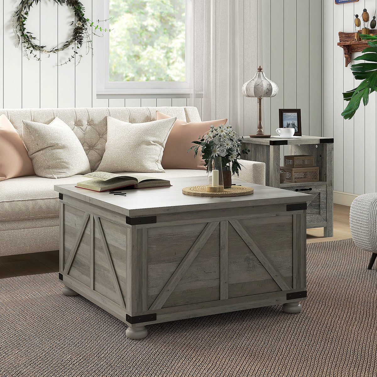 Farmhouse Coffee Table, Square Center Table with Flip-top Lids, Hidden Storage Compartment and Wooden Legs, Oak