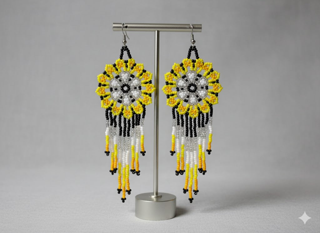 Yellow white Flower beaded Earrings