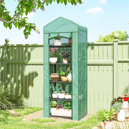 5 Tier Mini Greenhouse, Portable Outdoor Flower Stand with Shelf Clips, Indoor Greenhouse with Steel Frame, Transparent, 27.25" x 19.25" x 76", Green