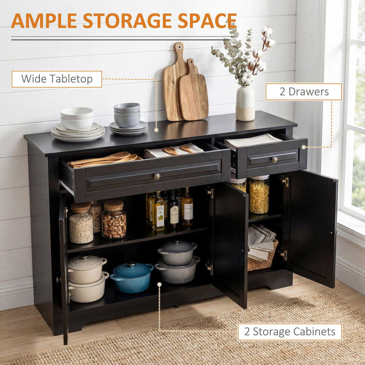 Modern Sideboard Cabinet, Buffet Cabinet with 2 Drawers and Adjustable Shelves, Buffets Tables for Dining Room, Black