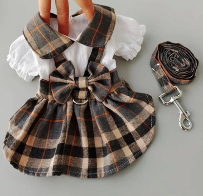 London Plaid Harness Dress Set with Leash | Elegant Dog Walking Outfit