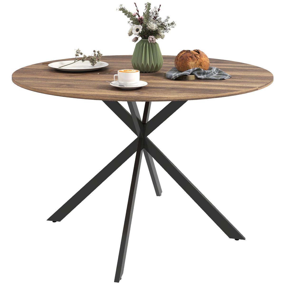 47" Round Kitchen Table for 4, Industrial Dining Table with Steel Legs for Dining Room, Dark Brown and Black