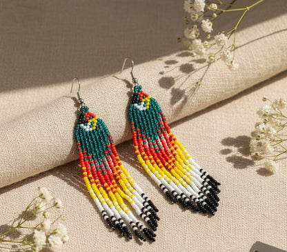 Dark Green Firebird Spirit Beaded Earrings