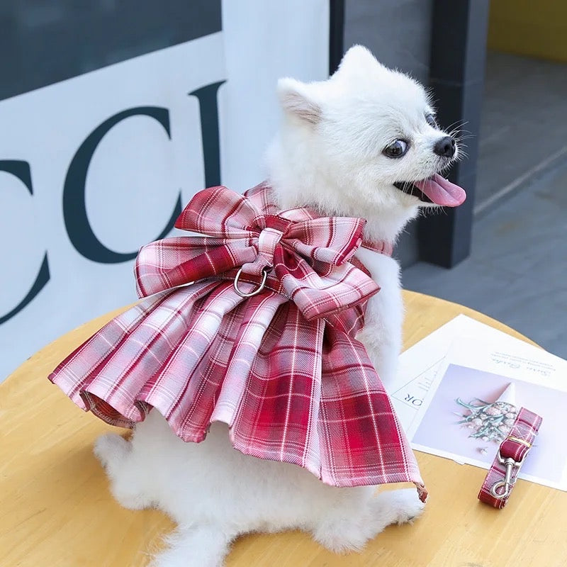 Plaid Bow Dress Dog Harness and Leash Set | Dog Walking Outfit
