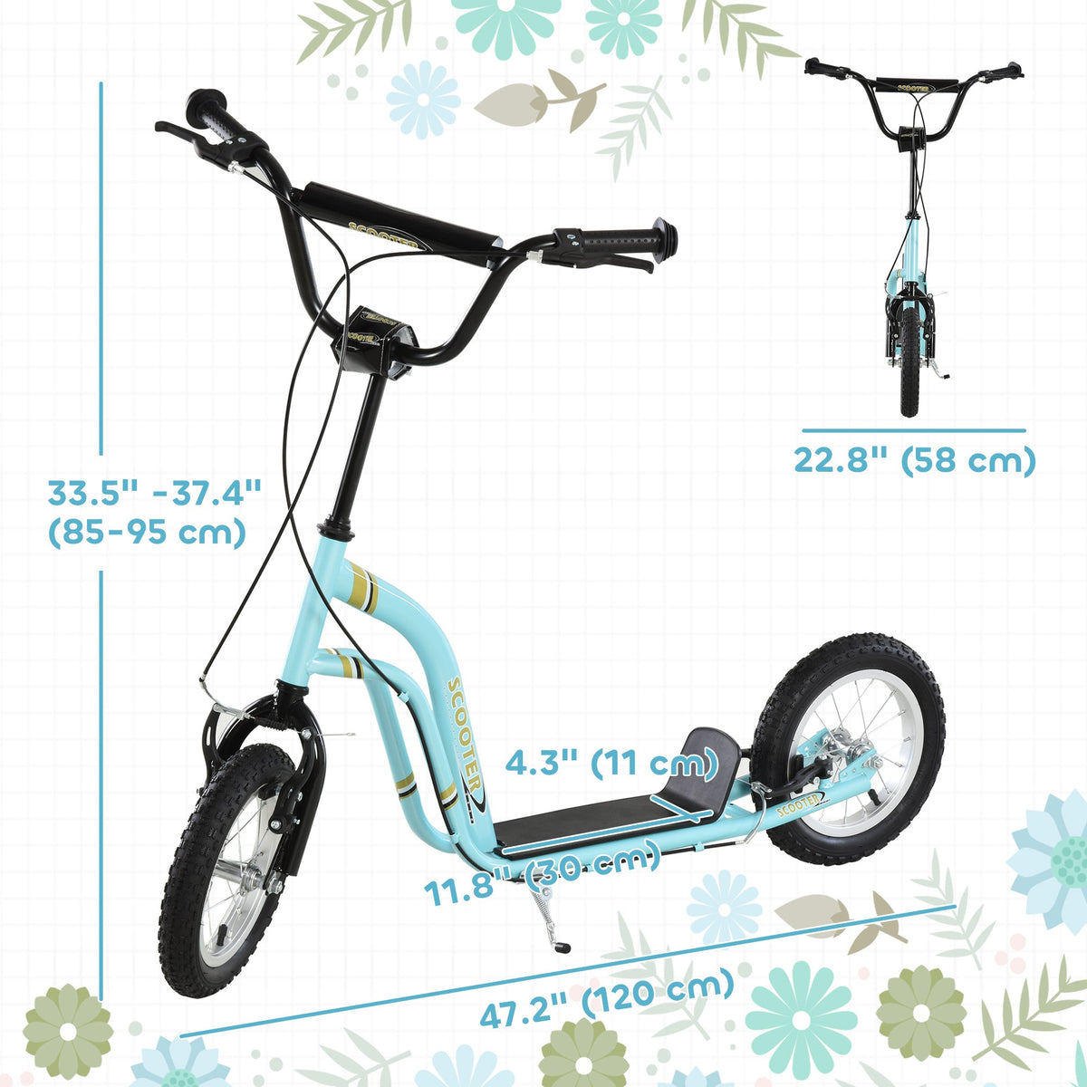 Dual Brakes Kick Scooter 12-Inch Inflatable Front Wheel Ride On Toy for Age 5+, Blue