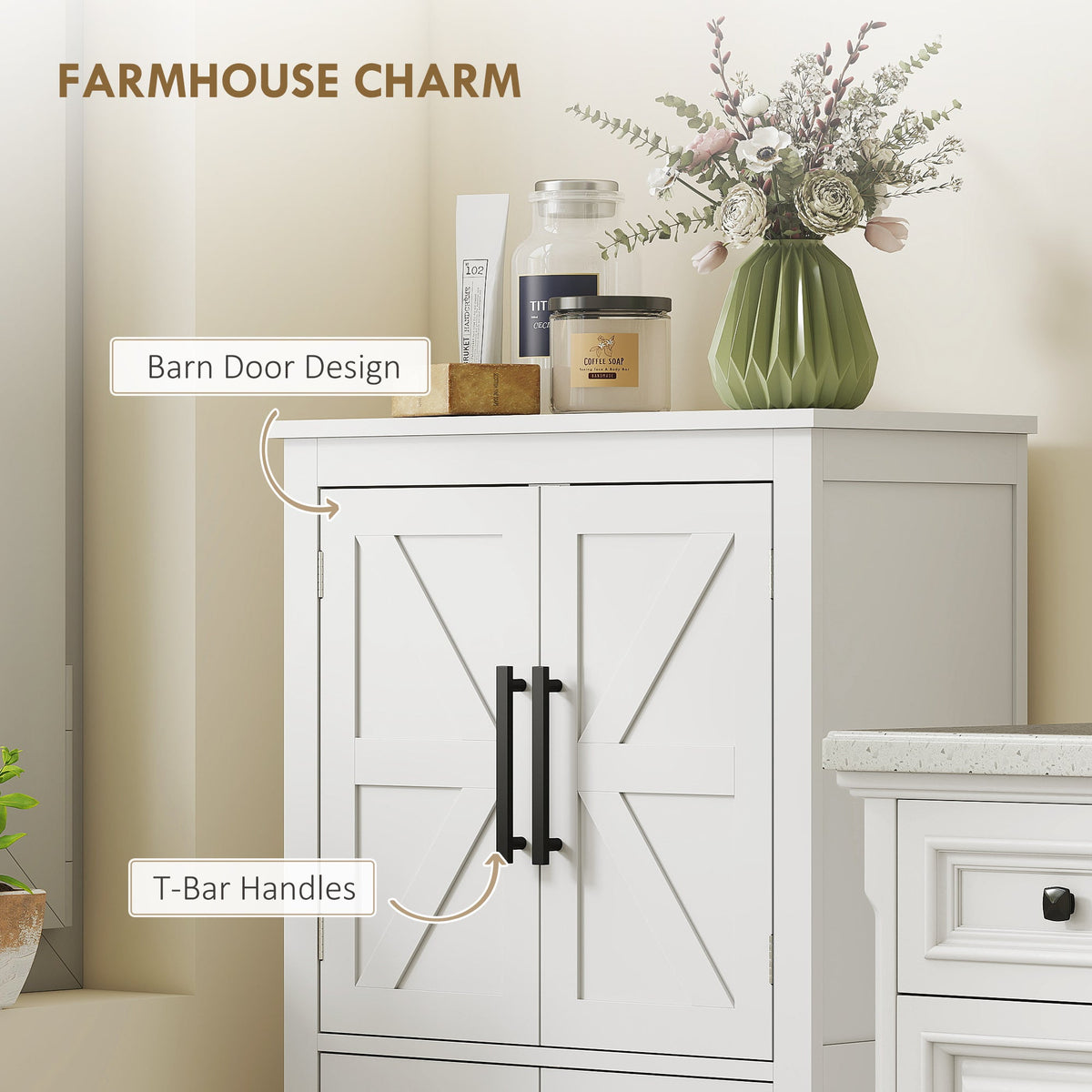 Farmhouse Bathroom Storage Cabinet, Bathroom Floor Cabinet with Barn Doors and Adjustable Shelf, Black