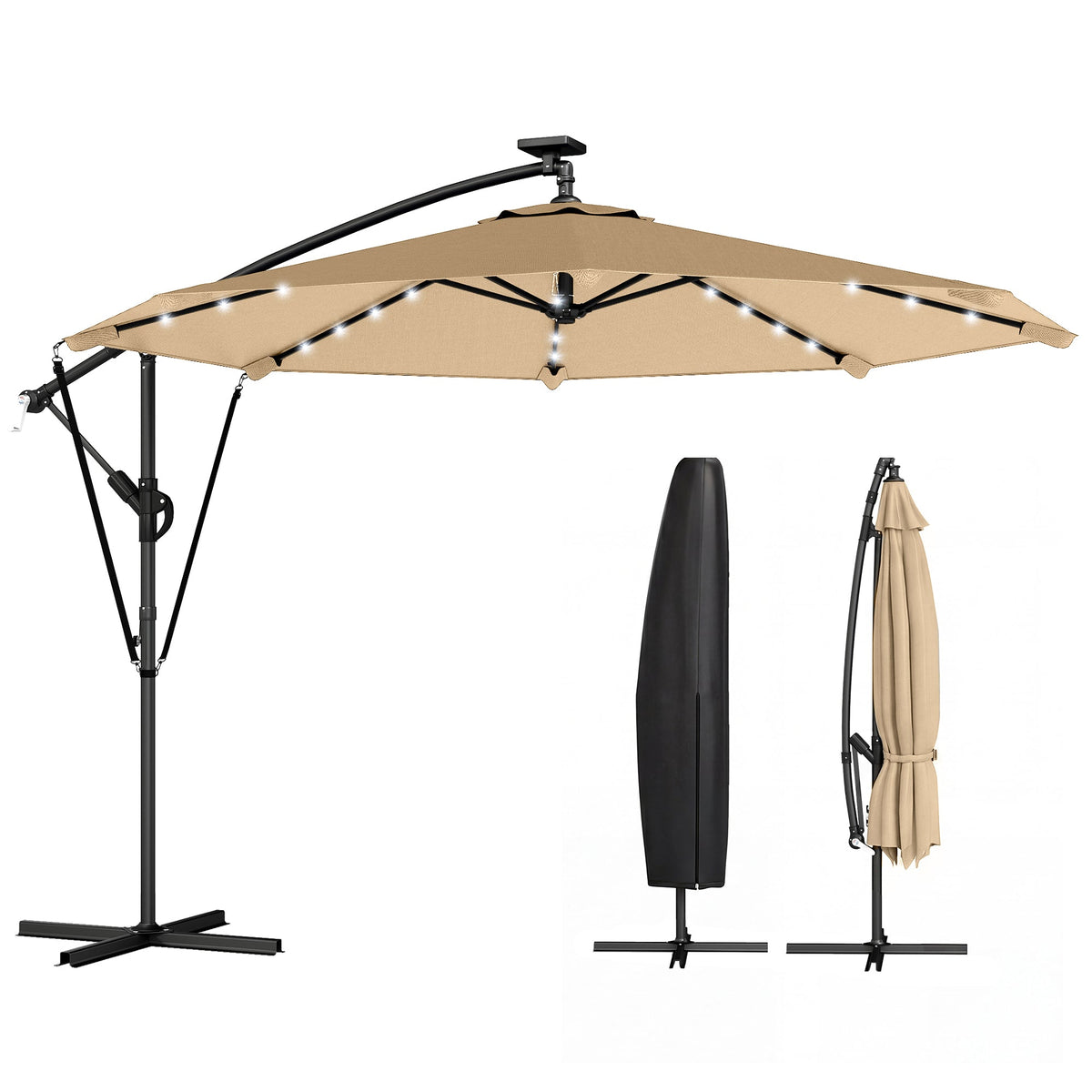 9.7ft Solar LED Cantilever Patio Umbrella with 32 LED Lights, Cross Base, Crank Handle, for Poolside, Deck, Dark Blue