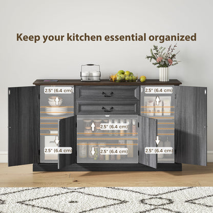 Farmhouse Sideboard with Charging Station and Thickened Top, 58" Buffet Cabinet with 2 Soft-Close Drawers, Black