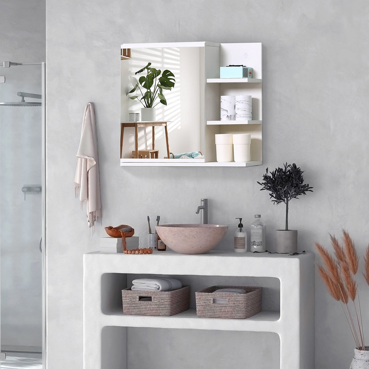 Medicine Cabinet with Mirror, Wall Mounted Bathroom Mirror Cabinet, Bathroom Wall Cabinet with 3 Open Shelves, Natural