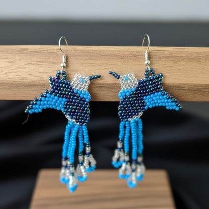 Handmade Beaded Hummingbird Earrings – Blue