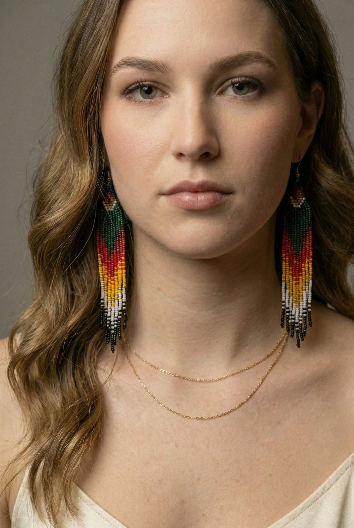 Dark Green Firebird Spirit Beaded Earrings