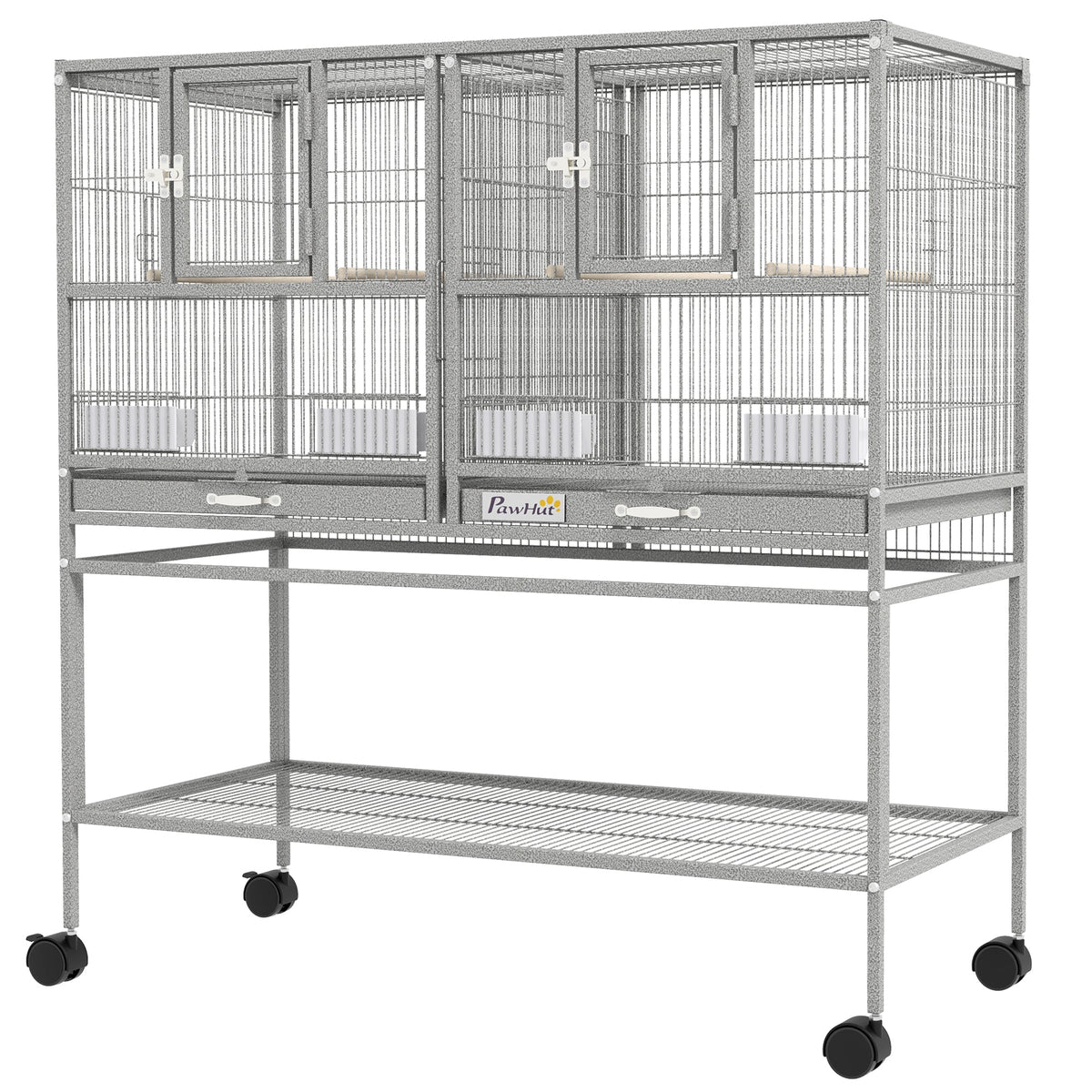 61"H Divided Breeder Bird Cage with Rolling Stand Removable Metal Tray, Storage Shelf, Wood Perch, and Food Container, Dark Grey