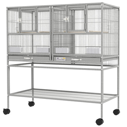 61"H Divided Breeder Bird Cage with Rolling Stand Removable Metal Tray, Storage Shelf, Wood Perch, and Food Container, Dark Grey