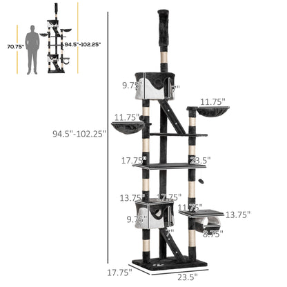 94"-102" Huge Cat Tree Ceiling High Cat Condo Scratching Post Activity Center Multi-Level Play House Light Grey