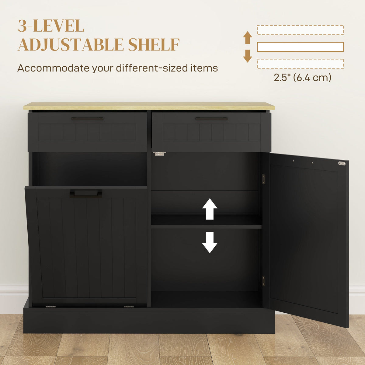Hidden Garbage Bin Cabinet, Tilt Out Trash Cabinet w/ 2 Drawers, Freestanding Kitchen Island for Laundry, Black