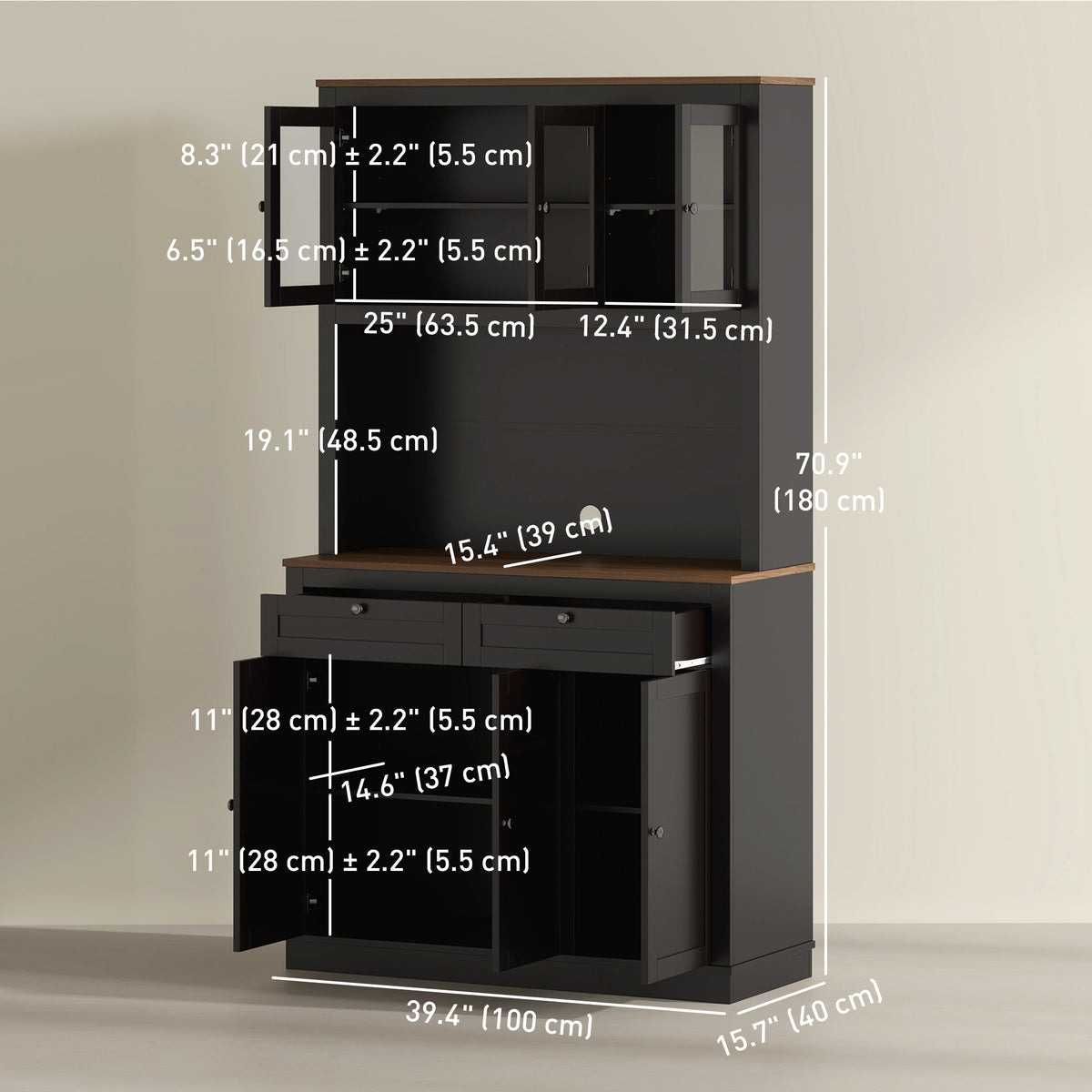 71" Pantry Cabinet with Microwave Space, Buffet with Hutch, 2 Drawers, Adjustable Shelves and Glass Doors, Blue