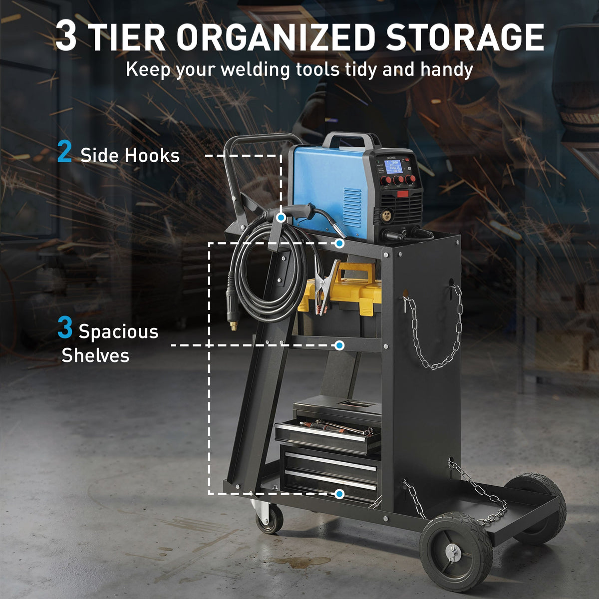 Welding Utility Cart 3-Tier Heavy Duty Rolling Tool Cart with Gas Cylinder Holder Black