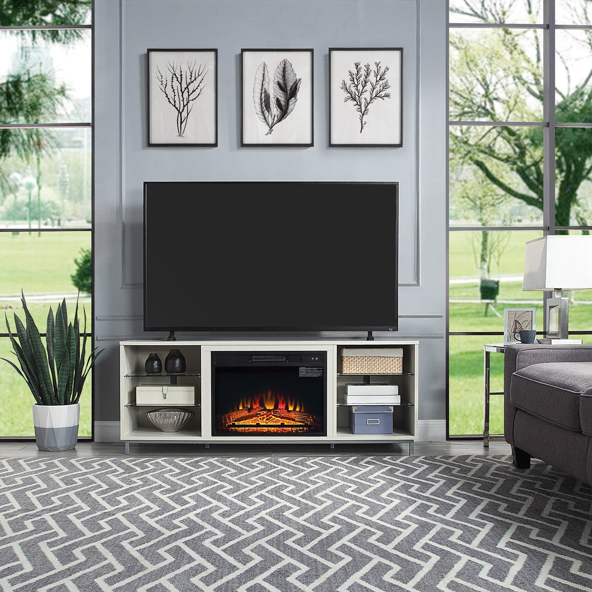 Firey 60" TV Stand/Fireplace with Glass Shelves - Beige Gloss