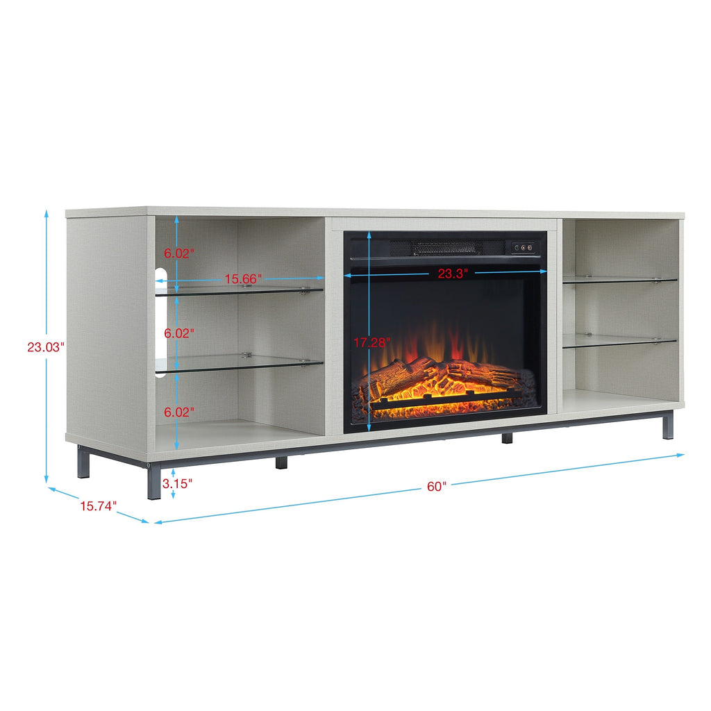 Firey 60" TV Stand/Fireplace with Glass Shelves - Beige Gloss