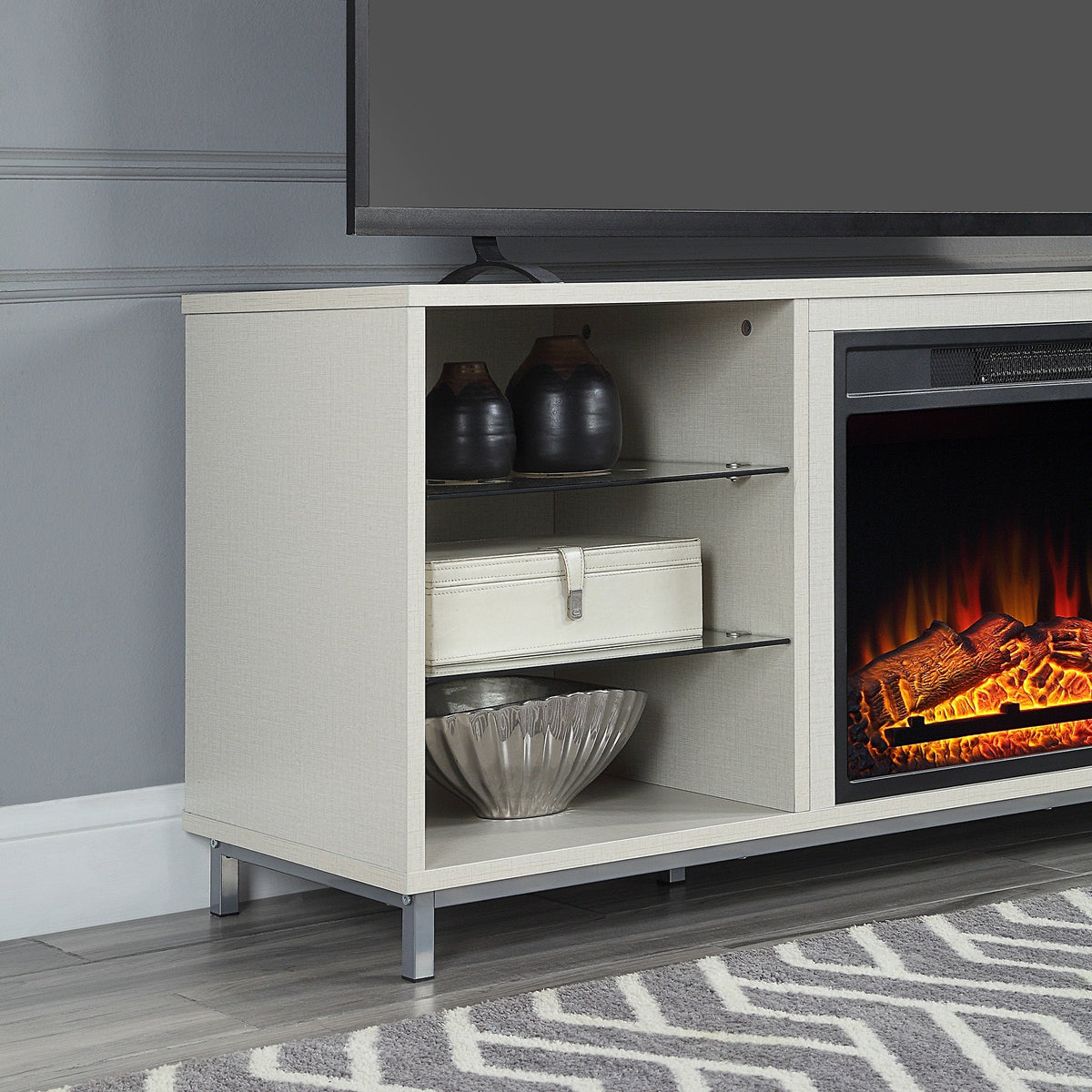 Firey 60" TV Stand/Fireplace with Glass Shelves - Beige Gloss
