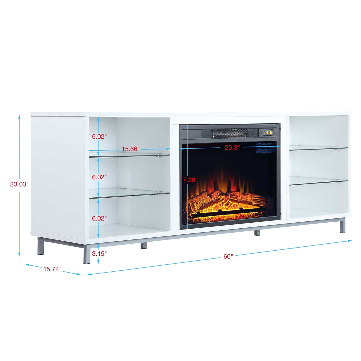 Firey 60" TV Stand/Fireplace with Glass Shelves - White Gloss